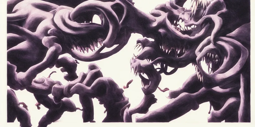 Image similar to chimera in full metal alchemist biting it's owner's body, extreme low angle looking up, anime, manga, oil paint, risograph, gottfried helnwein