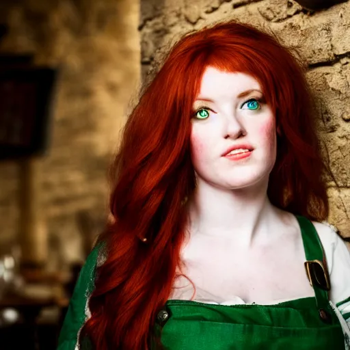 Image similar to beautiful bar maid with auburn hair and green eyes, in a medieval tavern, dramatic, cinematic, filmic, 7 5 mm, f / 1. 8