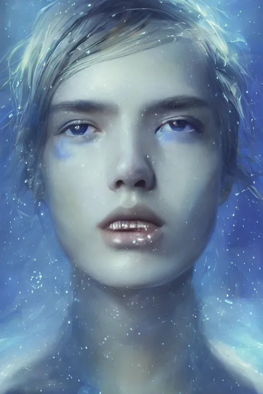 Image similar to sci - fi, close - up, 3 d, stars, fashion model face closed eyes, cinematic, clouds, sun rays, vogue cover style, poster art, blue mood, realistic painting, intricate oil painting, high detail illustration, figurative art, multiple exposure, water, 3 d, by tooth wu and wlop and beeple and greg rutkowski