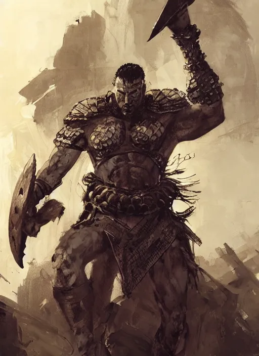 Image similar to ancient historically accurate depiction of the Bible Character Goliath of Gath, the Philistine warrior giant in ancient persian chainmail armor, dramatic lighting art by Yoji Shinkawa by Richard Schmid by greg rutkowski by Sandra Chevrier by Jeremy Lipking cinematic dramatic