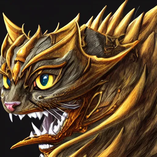 Image similar to a cat as a dragon, scare, highly detailed face, full body, fantasy art, monster art, style of masami kurumada, illustration, epic, fantasy, intricate, hyper detailed, artstation, concept art, smooth, sharp focus, ray tracing