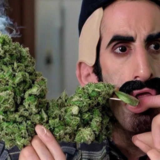 Image similar to Sacha Baron Cohen as borat smoking a giant rolled cannabis cigarette, smoke, 8k, hyper-detailed