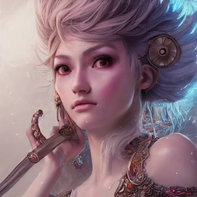 Image similar to studio portrait of neutral good colorful female cleric bard healer as absurdly beautiful, elegant, young sensual gravure idol, ultrafine hyperrealistic detailed face illustration by kim jung gi, irakli nadar, intricate linework, sharp focus, bright colors, matte, octopath traveler, final fantasy, unreal engine highly rendered, global illumination, radiant light, intricate environment