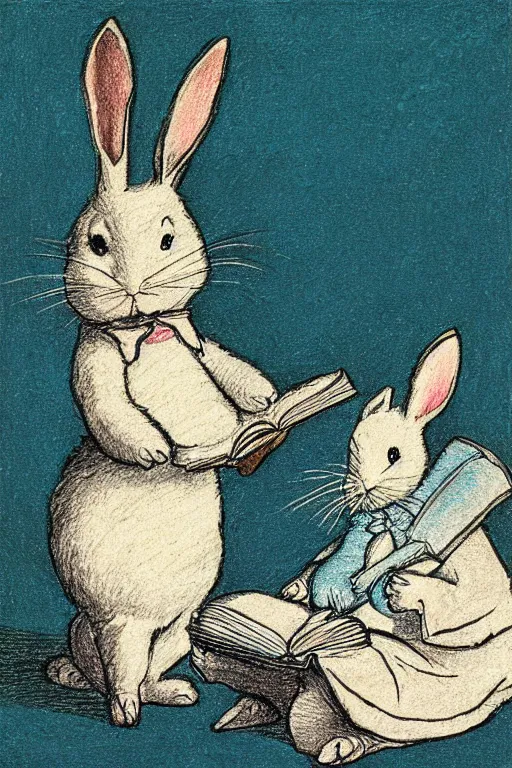 Prompt: drawing of white rabbit reading a book,Beatrix Potter, turquoise