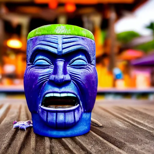 Image similar to a closeup photorealistic photograph of a thanos style tiki mug sitting at a trader vic's beach bar featuring the face of thanos. tiki party. bright scene. fine detail. this 4 k hd image is trending on artstation, featured on behance, well - rendered, extra crisp, features intricate detail, epic composition and the style of unreal engine.