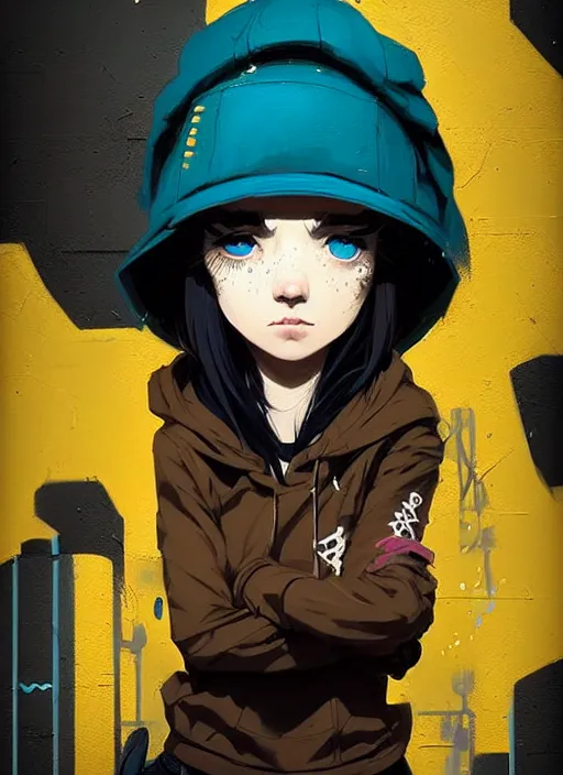 Image similar to highly detailed portrait of a sewerpunk pretty young adult lady, blue eyes, hoody, hat, by atey ghailan, by greg rutkowski, by greg, tocchini, by james gilleard, by joe fenton, by kaethe butcher, gradient yellow, black, brown and cyan color scheme, grunge aesthetic!!! ( ( graffiti tag street background ) )