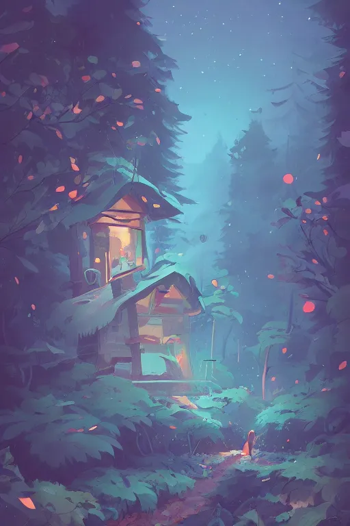 Prompt: the small elevated house in the forest, dark night, leaves in the air, mushrooms, animals, gibli, james gilleard, atey ghailan, lois van baarle, jesper ejsing, pop art patterns, exquisite lighting, clear focus, very coherent, plain background, very detailed, vibrant, digital painting