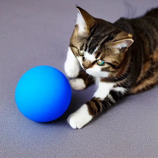 Image similar to a cat playing with a blue ball, XF IQ4, 150MP, 50mm, f/1.4, ISO 200, 1/160s, natural light, Adobe Photoshop, Adobe Lightroom, DxO Photolab, Corel PaintShop Pro, rule of thirds, symmetrical balance, depth layering, polarizing filter, Sense of Depth, AI enhanced