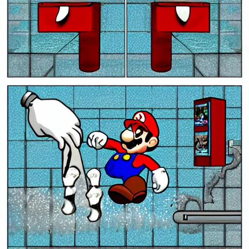 Image similar to super mario emerging from a toilet, soaked in water