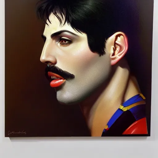 Image similar to of an ultradetailed beautiful portrait panting of freddie mercury, front view, oil painting, by ilya kuvshinov, greg rutkowski and makoto shinkai