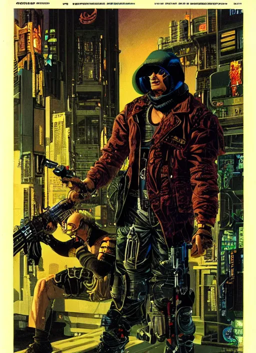 Image similar to cyberpunk mercenary. portrait by clyde caldwell and mœbius and will eisner and gil elvgren