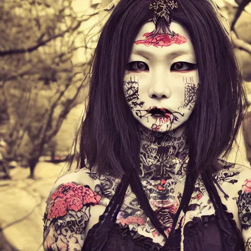 Image similar to japanese gothic model with maximalist hair style and kanji tattoos, dark colors, fashion model, portrait shot, depth of field, 8 k, hyper detailed, intricate, trending on artstation