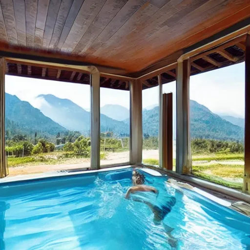 Prompt: a sunny covered lounge with a swimming pool with clean water next to a large window with a view of the mountains, photo