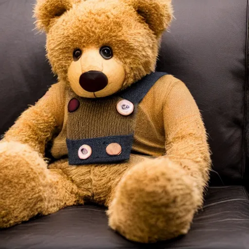 Prompt: a teddy bear on the couch staring at you with human eyes wearing a sweater vest, 4 k photo