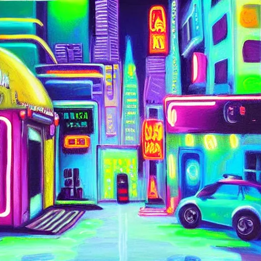 Image similar to neon city with cat realistic painting