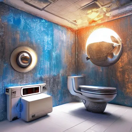 Image similar to hyperrealistic mixed media high resolution painting of a futuristic time traveling toilet, stunning 3d render inspired art by István Sándorfi and Greg Rutkowski and Unreal Engine, perfect symmetry, dim volumetric lighting, 8k octane beautifully detailed render, post-processing, extremely hyper-detailed, intricate, epic composition, highly detailed attributes, highly detailed atmosphere, cinematic lighting, masterpiece, trending on artstation, very very detailed, masterpiece, stunning, flawless structure, lifelike texture, perfection,