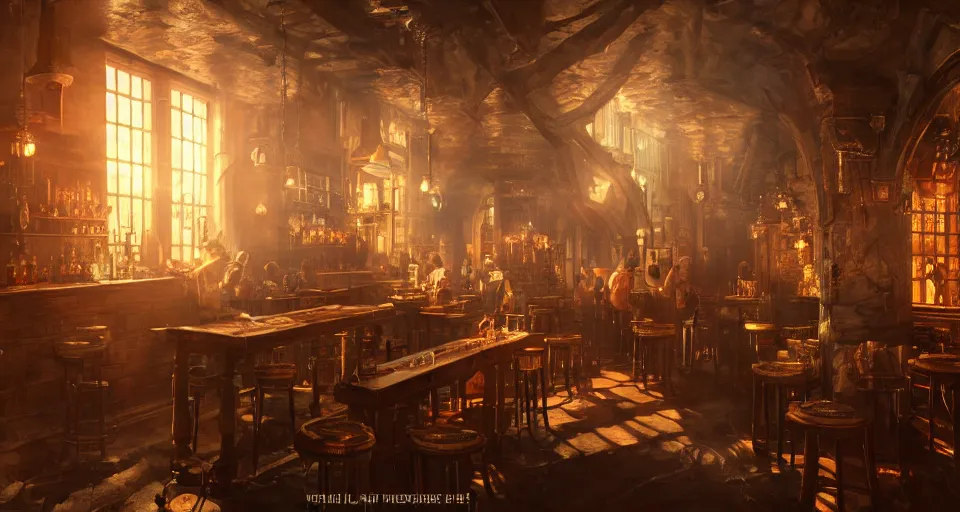 Image similar to alchemy tavern, hyperdetailed, artstation, cgsociety, golden hour 8 k, volumetric lighting