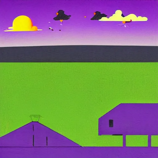 Image similar to cows being abducted by ufo in summer night from pasture. aerial view with blank billboard, minimalism, precisionist in style of patrick nagel, purple and green gamma with pink contrast