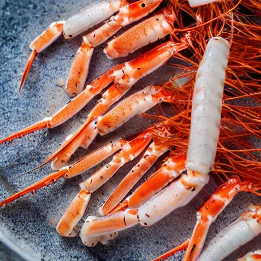 Image similar to macro photo of gourmet langoustines served on a pile of bleached dead coral