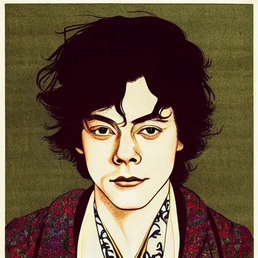 Image similar to “ harry styles portrait by ikenaga yasunari and ayana otake and ko rakusui, 6 0 s poster, drawing, realistic, sharp focus, japanese, dreamy, nostalgia, faded, golden hues, floral clothes ”