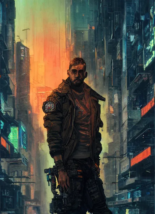 Prompt: cyberpunk military character jitters ( blade runner 2 0 4 9, dystopian, cyberpunk 2 0 7 7 character design ), modern warfare, attractive face. portrait by james gurney and laurie greasley and yoji shinkawa, oil on canvas. cinematic composition, hyper realism, realistic proportions, anatomy, dramatic lighting, photorealistic, high detail, 4 k