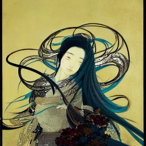 Image similar to yoshitaka amano blurred and dreamy realistic illustration of a japanese woman with black eyes, wavy white hair fluttering in the wind wearing elden ring armor with engraving, abstract patterns in the background, satoshi kon anime, noisy film grain effect, highly detailed, renaissance oil painting, weird portrait angle, blurred lost edges, three quarter view