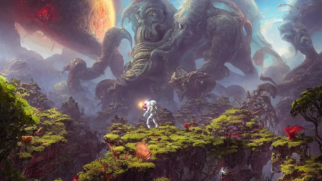 Prompt: An astronaut has a treasure with him, he is running away from the giant Cthulhu that is behind hunting him, this is an extravagant planet with wacky wildlife and some mythical animals, the background is full of ancient ruins, the ambient is vivid and colorful with a terrifying atmosphere, by Jordan Grimmer digital art, trending on Artstation,