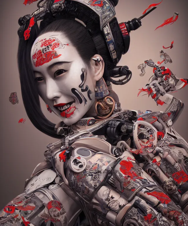 Image similar to an epic fantastic realism comic book style portrait painting of a japanese robotic geisha with kanji tattoos and decals, apex legends, octane render, intricate detail, 4 k hd, unreal engine 5, ex machina, irobot, gerald brom