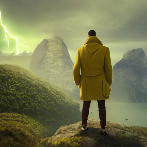 Prompt: Beautiful digital art of an adventurer in a lime coloured coat covering his face looking to the side with epic landscape in background, 4K Ultra HD, dramatic lightning, trending on artstation, high detail, epic composition, Octane render