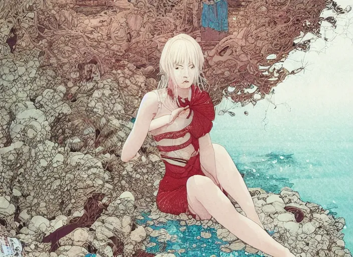 Prompt: lee jin - eun in luxurious dress emerging from turquoise water in egyptian pyramid city during an eclipse by takato yamamoto, nicola samuri, conrad roset, m. k. kaluta, martine johanna, rule of thirds, elegant look, beautiful, chic, face anatomy, cute complexion