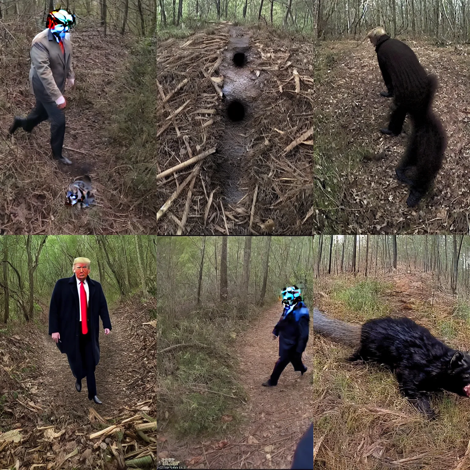 Prompt: Donald Trump horror trail cam footage, high resolution