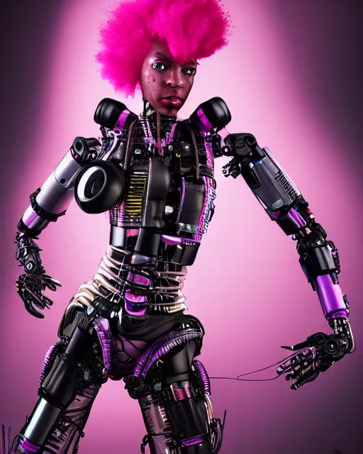 Image similar to portrait of a beautiful black woman with pink hair as a cyberpunk cyborg half robot, revealing wires and electronics, hooked - up, sci - fi, missing panels, intricate abstract upper body intricate artwork, concept art, octane render, deviantart, cinematic, key art, hyperrealism, iridescent accents, portrait photograph, nikon 3 5 mm, photograph by greg rutkowski