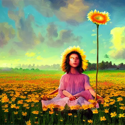 Image similar to giant daisy flower as head, girl sitting in a flower field, surreal photography, sunrise, dramatic light, impressionist painting, colorful clouds, digital painting, artstation, simon stalenhag