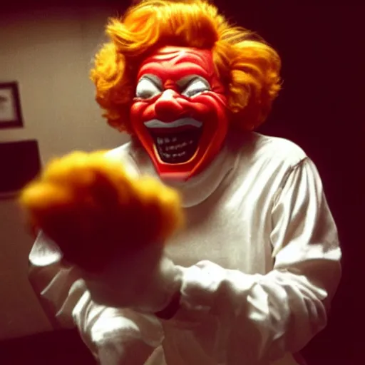 Image similar to creppy 2 0 0 1 photo of ronald mcdonald screaming in a dark room