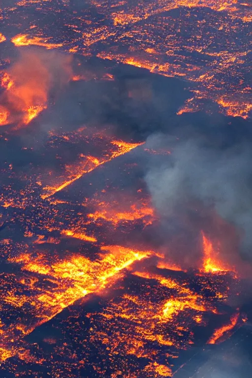 Image similar to inside airplane window view, aerial imagery, huge fire, very detailed, trending on artstation