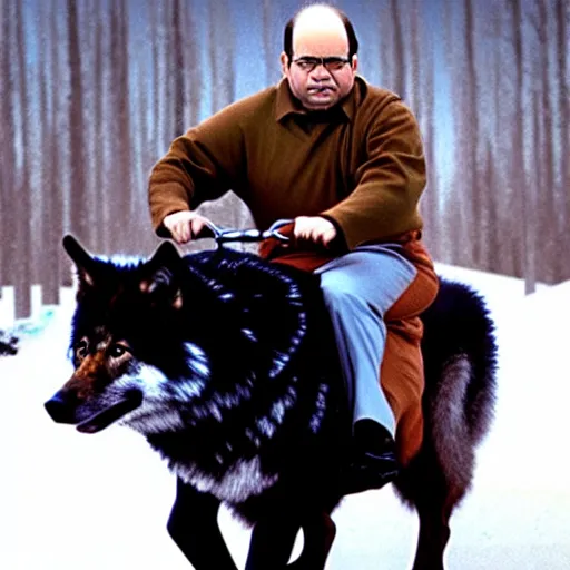 Prompt: George Costanza (from Seinfeld) riding a wolf