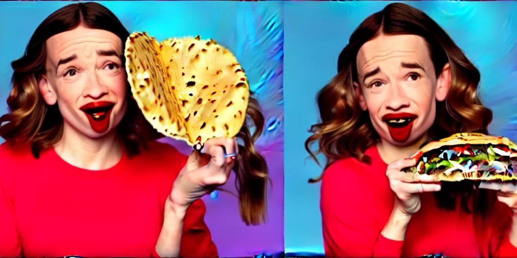 Image similar to old distorted camcorder video of miranda sings holding a taco, multiple poses, video still from miranda sings youtube videos