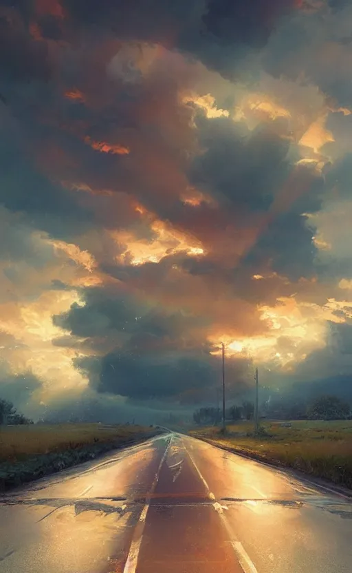 Image similar to paperback book cover by wlop. pure colors, melting clouds, accurately drawn details, a sunburst above a receding road with the light reflected in furrows and ruts, after rain. photorealistic. octane render. cinematic. trending on artstation. textless.