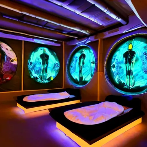 Image similar to cybernetic sleeping healing pods, diverse humans sleeping in healing pods, humans sleeping in healing pods, from the side, floating bodies, wide wide angle, vivid, elaborate, highly detailed, beautiful lighting