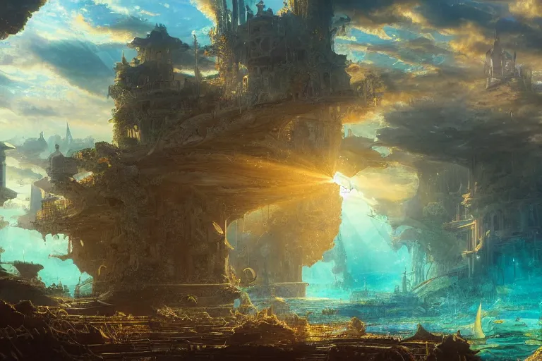 Image similar to a scenic landscaping view of the lost and abandoned city of Atlantic under water, ray of sunlight, mermaids in distance, Greg Rutkowski, Moebius, Mohrbacher, Mucha, blue and gold color scheme, ultra wide angle, ultra detailed, light effect