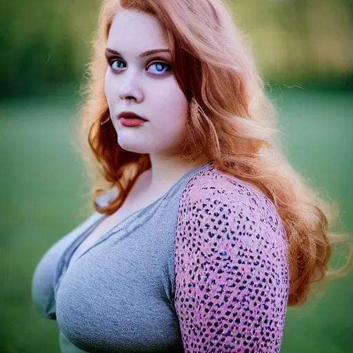 Image similar to brooke ashling, a curvy, radiant, bubbly, 2 5 - year - old canadian plus - size model, long strawberry - blond hair, creamy skin, portrait, 8 5 mm canon f 1. 2 lens, inspired by diane arbus