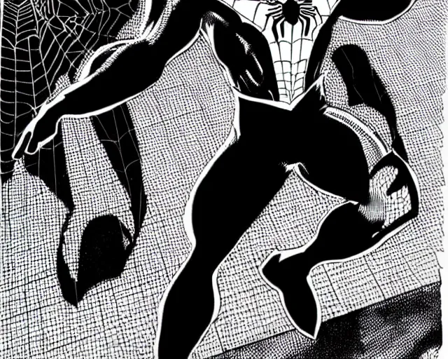 Image similar to photorealistic sketch of black spider - man with gold webbing by steve ditko