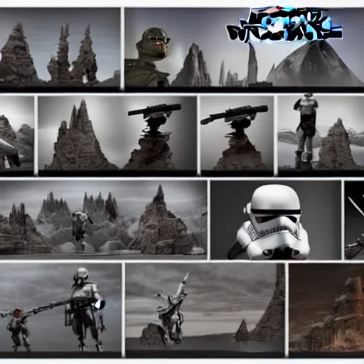 Prompt: inspired by ralph mcquarrie, maz castle, mountains, yoda, c 3 po, stormtroopers, darth vader, the falcon, cinematic, cinematic