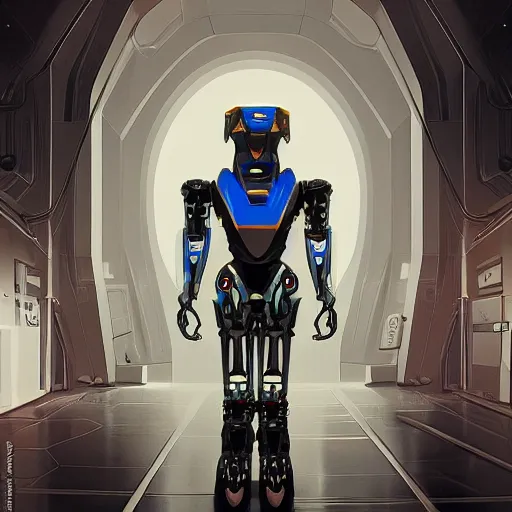 Prompt: professional concept art portrait of a predatory robotic species in a dark room by cam sykes. an intricate, elegant, highly detailed digital painting, concept art, smooth, sharp focus, illustration, in the style of syd mead.