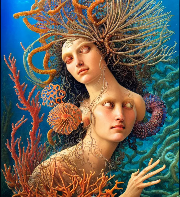 Image similar to realistic detailed underwater portrait of the goddess of the fish of the three times with an intricate headdress of corals, sea kelp, sea plants, fish, jellyfish, art by boris vallejo and ernst haeckel, face in focus in the middle, neo - gothic, gothic,