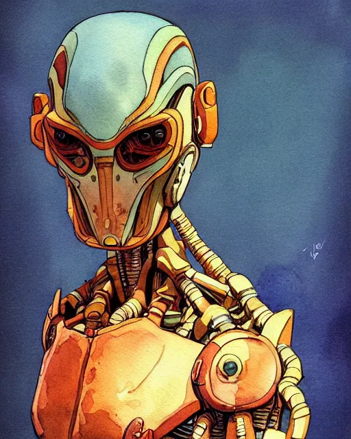 Prompt: a watercolor painting full body character portrait of a humanoid machine mutant in the style of moebius in the style of leonard boyarsky trending on artstation deviantart pinterest detailed photorealistic highlights and shadow hd 8 k post - processing high resolution