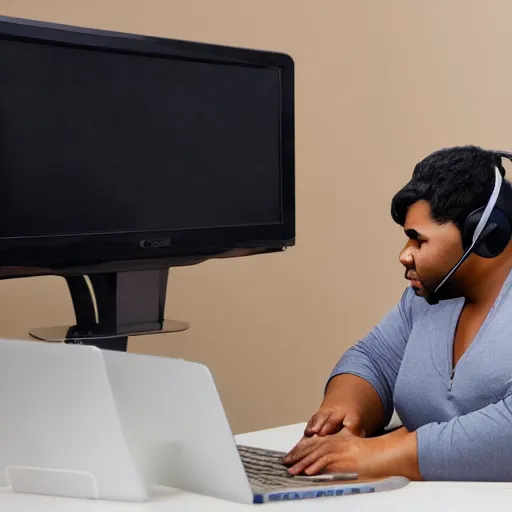 Prompt: obese r kelly sitting behind computer wearing headset