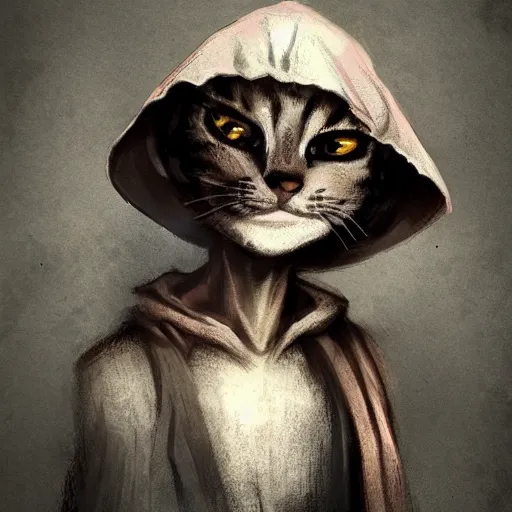 Image similar to dirty homeless humanoid cat wearing rags, concept art, d & d, fantasy, trending on artstation