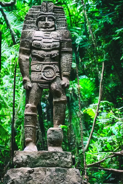 Image similar to mid distance photo of mayan jaguar warrior standing on the diving board in las pozas, 3 5 mm, highly detailed, color photo, cinematic lighting