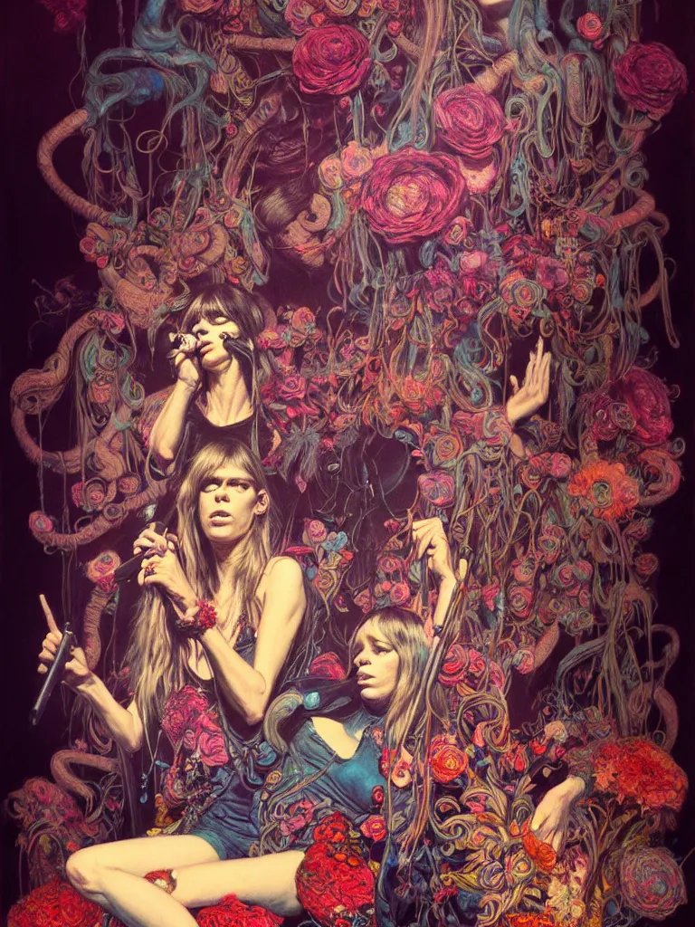 Image similar to the velvet underground and nico playing live on stage at a night club, beautiful stage decoration with flowers in the background, painting by james jean and gaston bussiere, very detailed and colorful and toned down and ornamental and moody and cool and relaxed and high on drugs, trending on artstation, behance contest winner